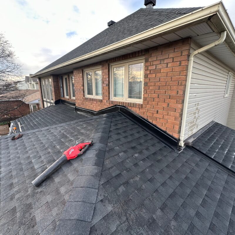 A good condition roof with a leafblower on it
