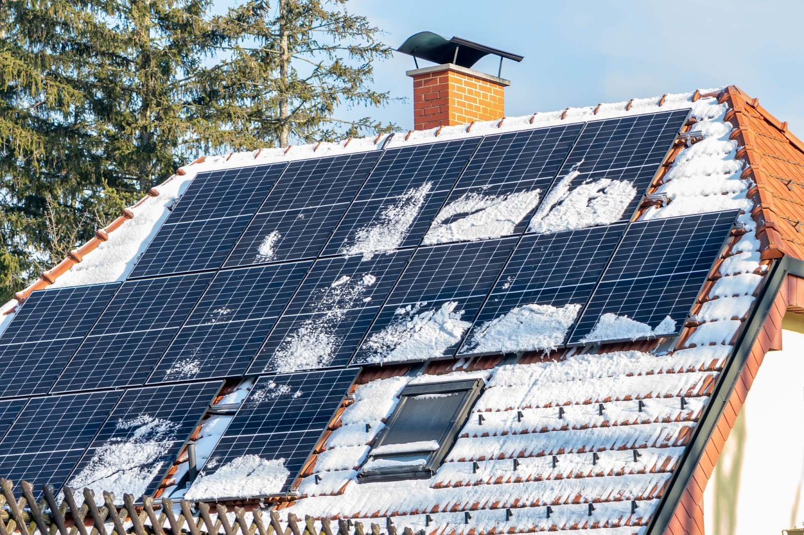 A house roof showing snow covering parts of the roof and a bit on the solar panels installed on the roof